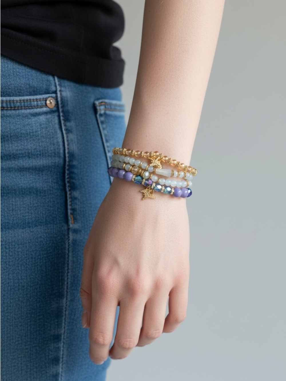 10/4 Stacked Purple and Gold Beaded Bracelet Set